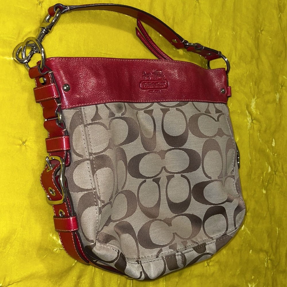 COACH Zoe Large Monogram Tan & Red Shoulder Bag